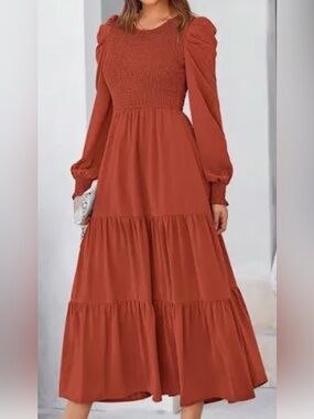 SHEIN Rust Tiered Smocked Maxi Dress